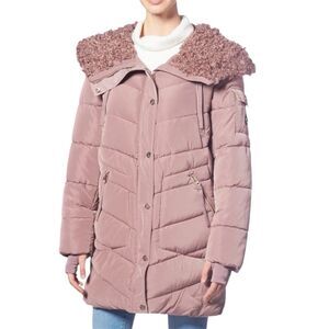 Jessica Simpson Puffer Coat Women L Purple Oversized Hood Full Zip Winter Warm